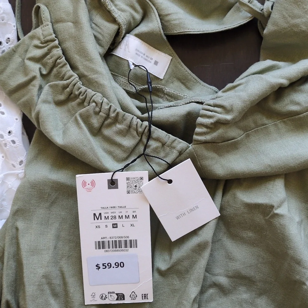Zara Olive Green Linen Dress And Eyelet Top - Picture 6 of 6